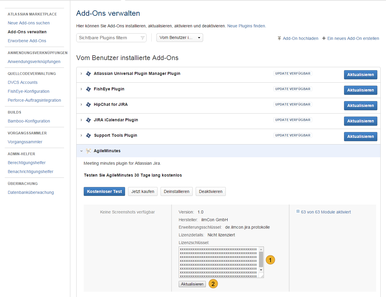 AgileMinutes Installation über JIRA Add-on Administration