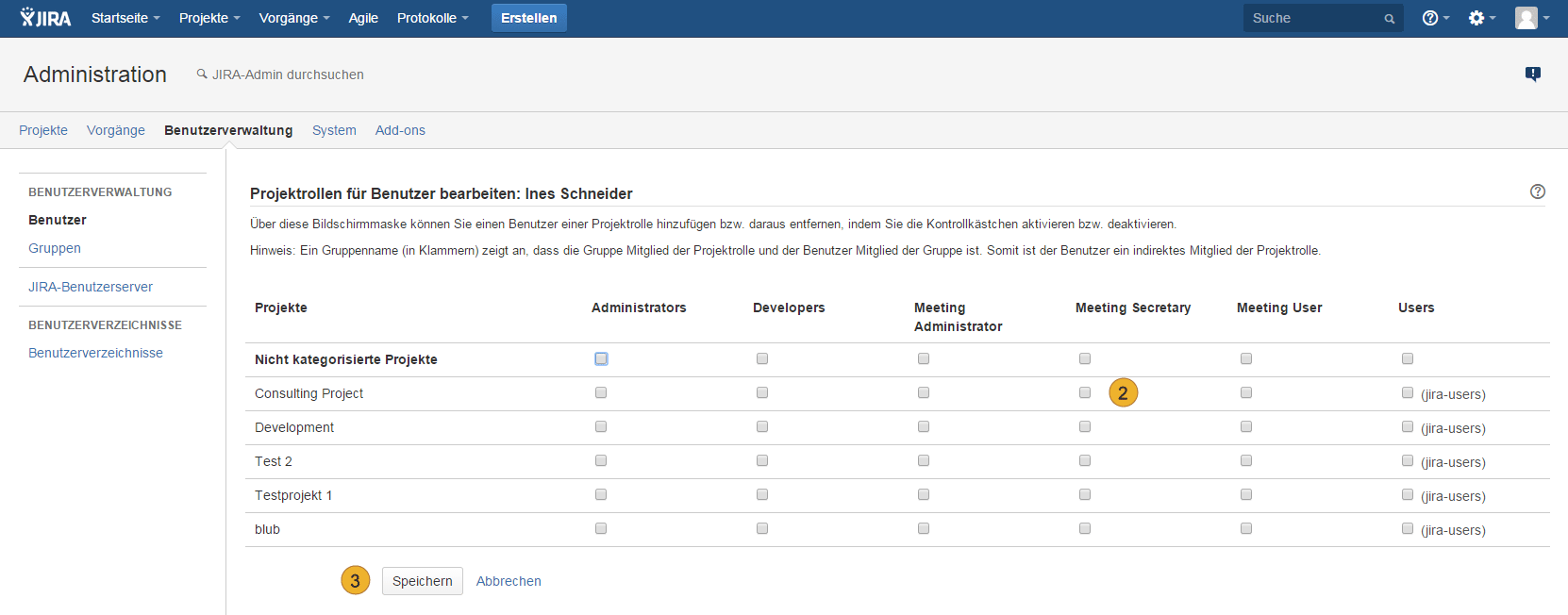 Atlassian JIRA - Benutzerverwaltung - Projektrollen für Benutzer bearbeiten - AgileMinutes Rechte - Meeting Secretary, Meeting Administrator, Meeting User