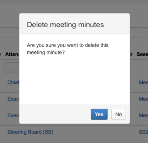 Warning message deleting meeting minutes in english language