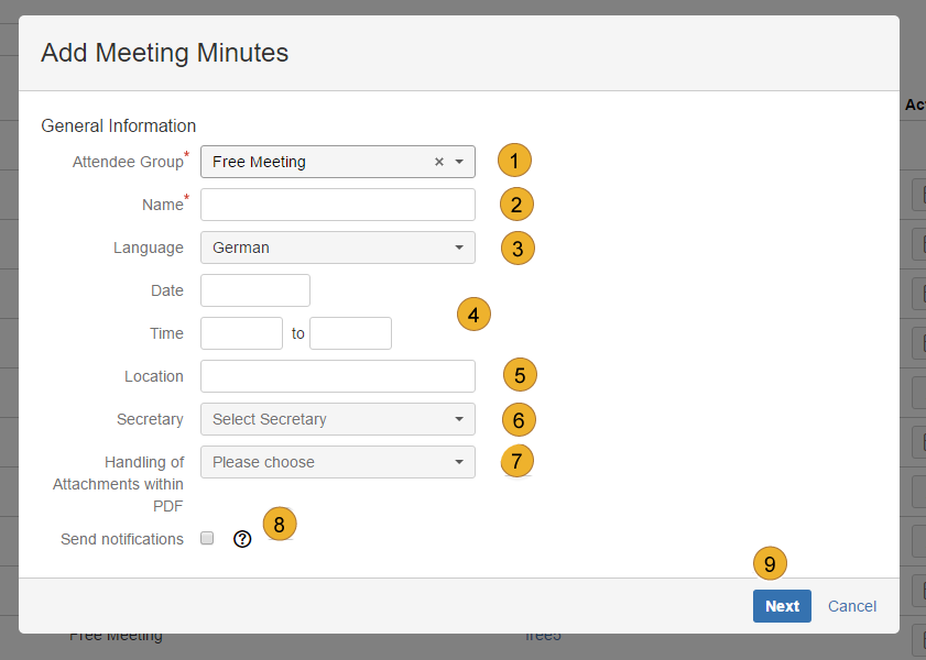 AgileMinutes - add Meeting Minute (Name, Attendee Group, Language, Date, Time, Place, Secretary)
