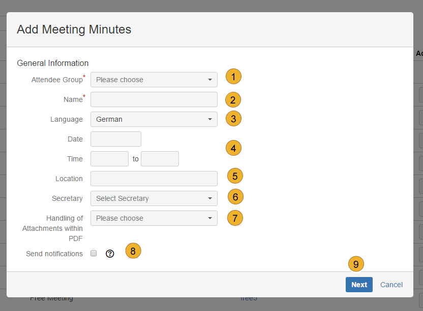 AgileMinutes - add Meeting Minute (Name, Attendee Group, Language, Date, Time, Place, Secretary)