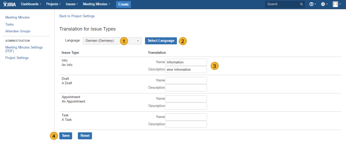 AgileMinutes - project settings - edit translations for issue types